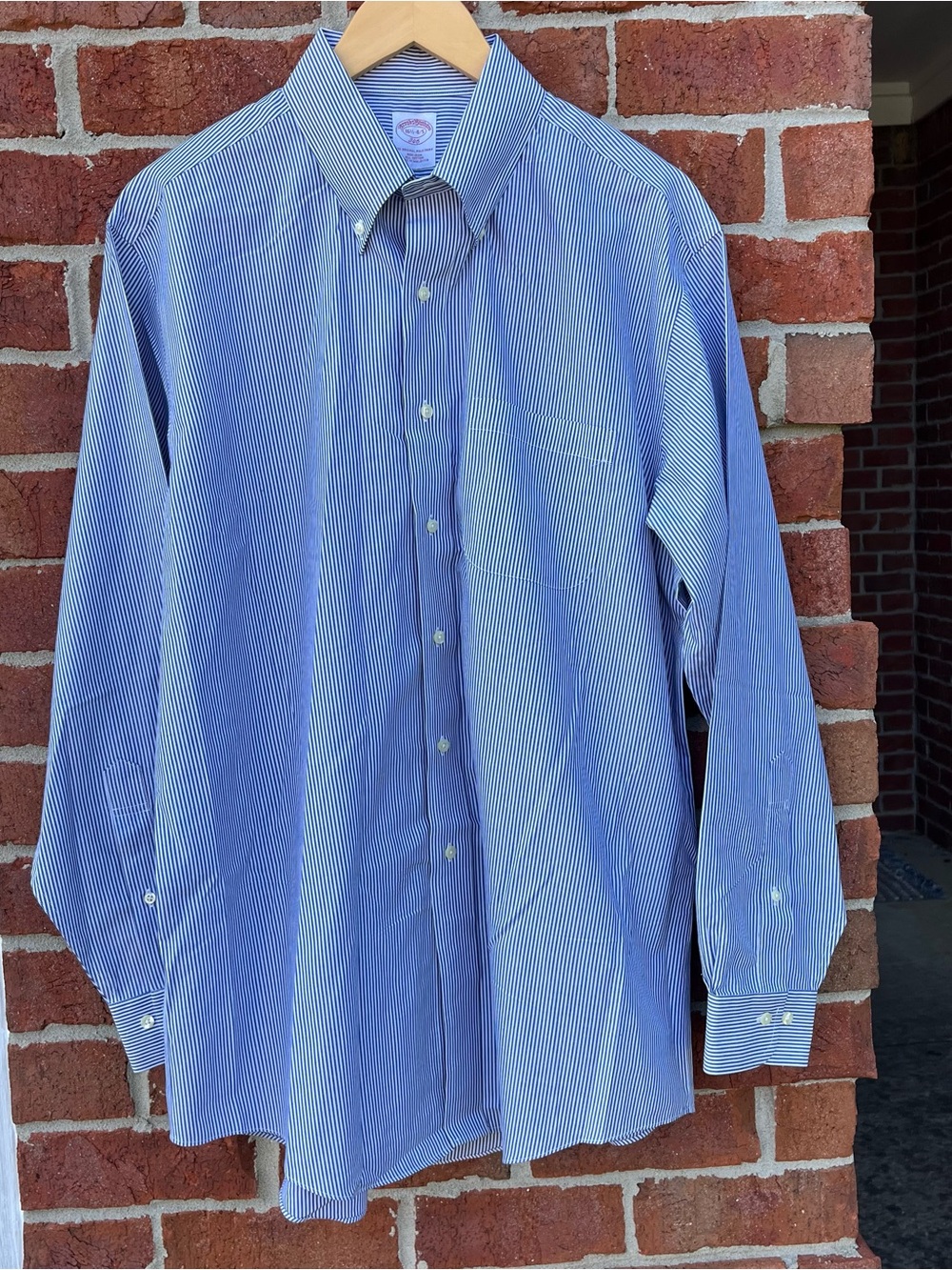 Brooks Brothers Blue and White Pinstripe Button-Down Dress Shirt